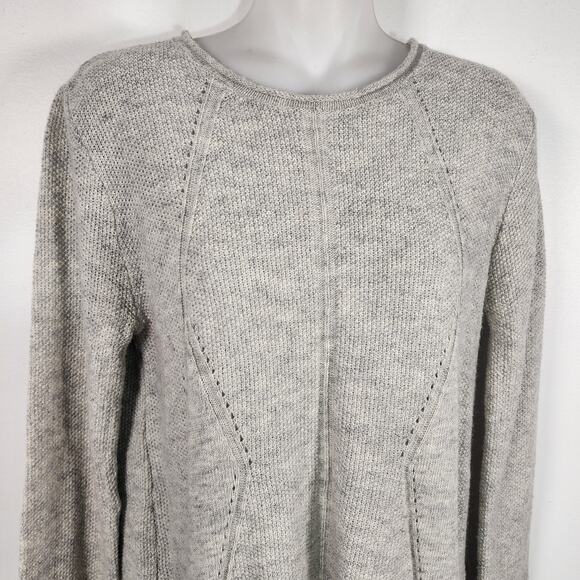 Coin 1804 Women Sweater Gray Split Back Leaf Print Shirttail Hem Pointelle Small - Picture 3 of 8